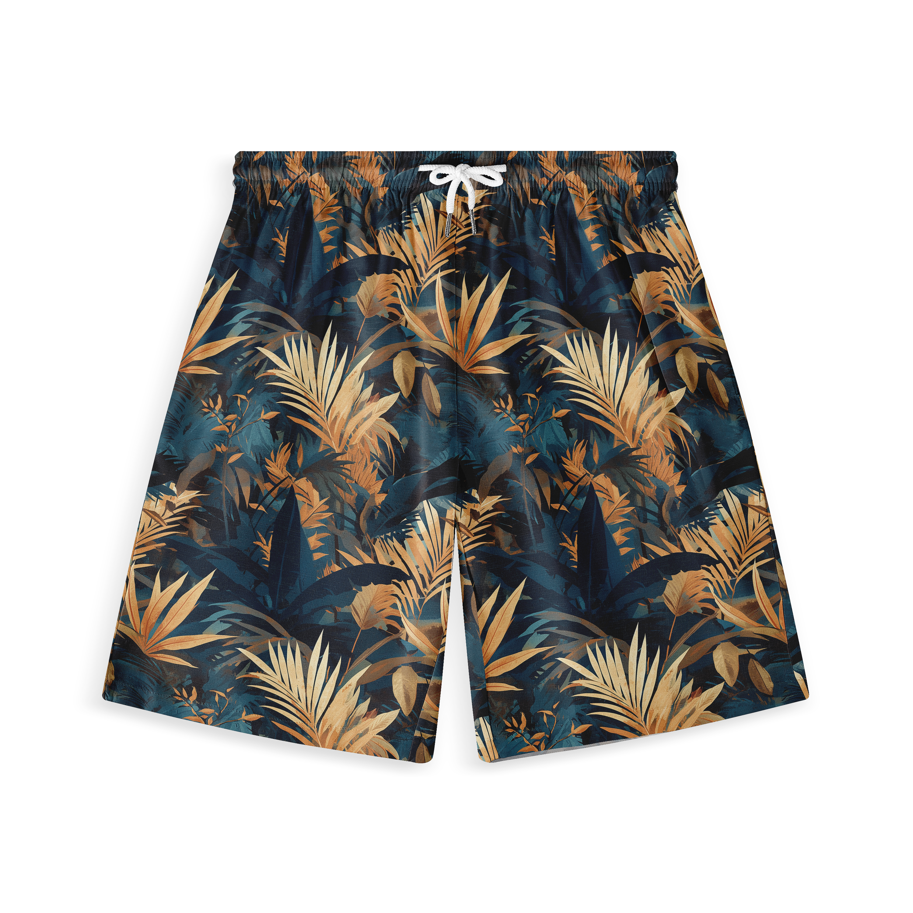 A pair of shorts featuring vibrant tropical foliage in shades of blue, green, and orange, creating a bold and dynamic jungle-inspired design.