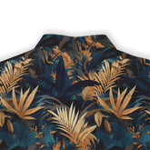 Shirt with a dense tropical forest design featuring palm fronds and foliage in rich, earthy tones back view