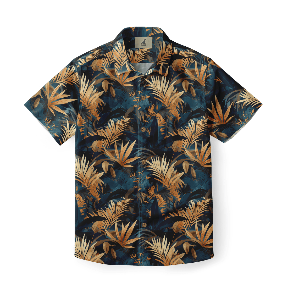 Shirt with a dense tropical forest design featuring palm fronds and foliage in rich, earthy tones.