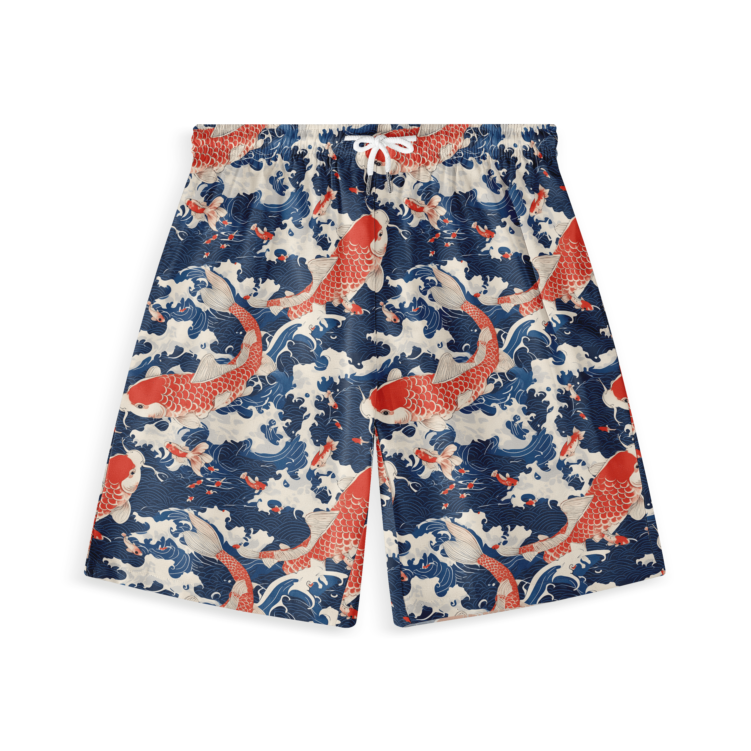 Short with koi fish and swirling water patterns in red, blue, and white.