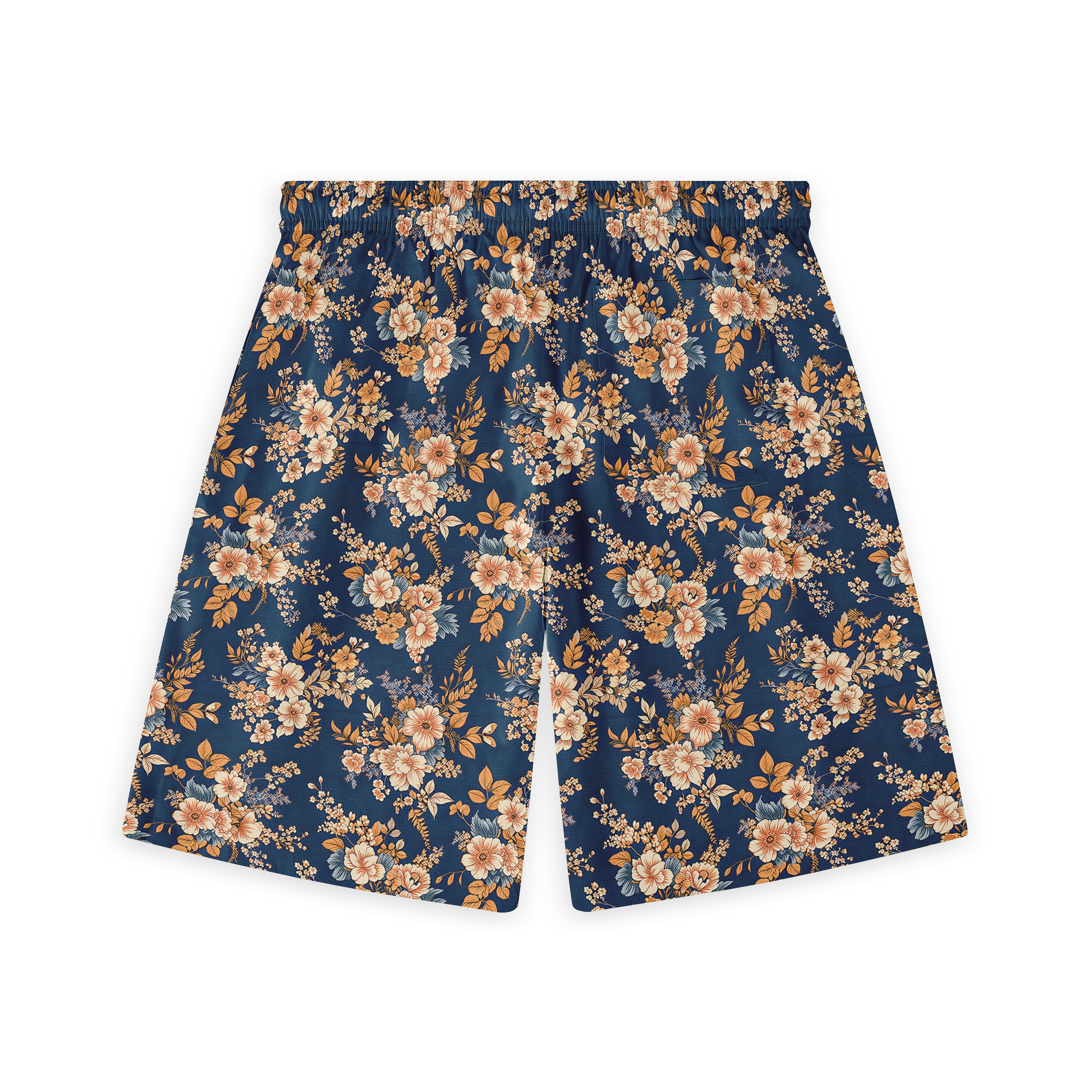 A pair of shorts featuring intricate blue and white floral patterns on a dark background, creating a classic and elegant design.