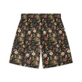 A pair of shorts featuring a design with a rich array of vintage-style flowers in various warm tones on a dark background, creating a classic and elegant look.