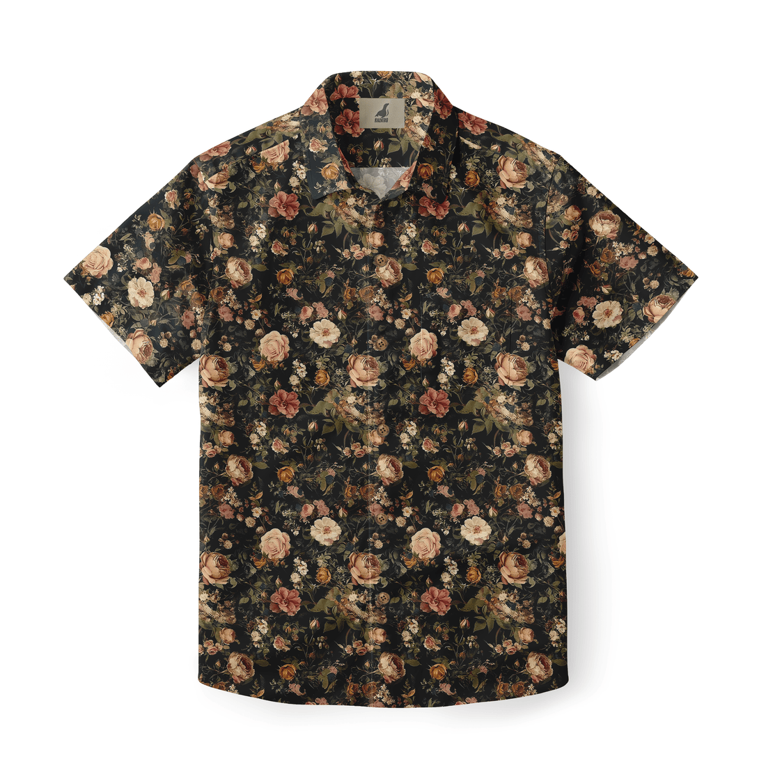 Close-up of a dark floral pattern shirt with rich, moody blossoms.