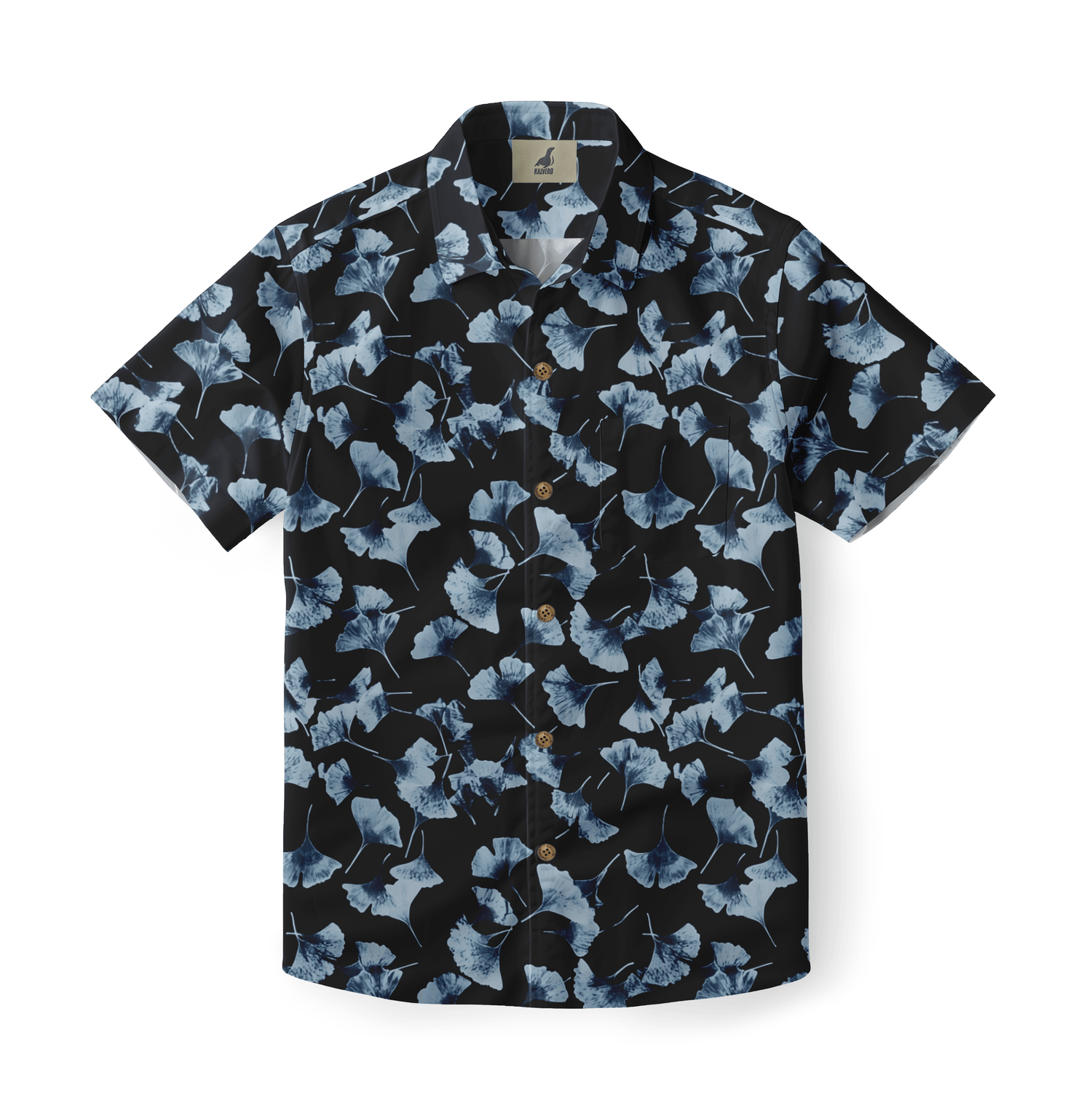 Black shirt with blue ginkgo leaf pattern.