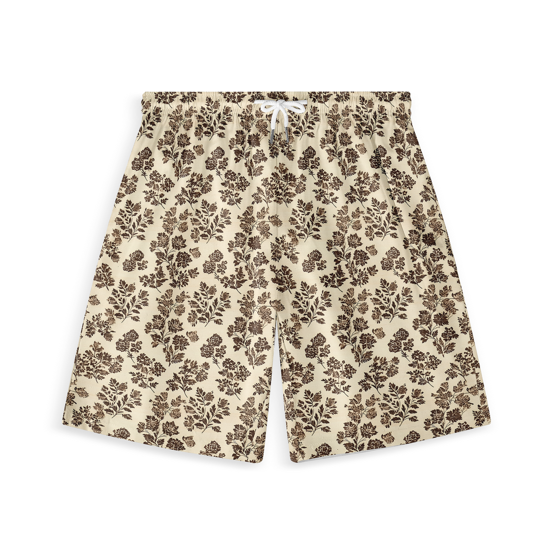 A pair of shorts featuring a design with detailed brown floral patterns arranged on a cream-colored background, creating a natural and timeless look.