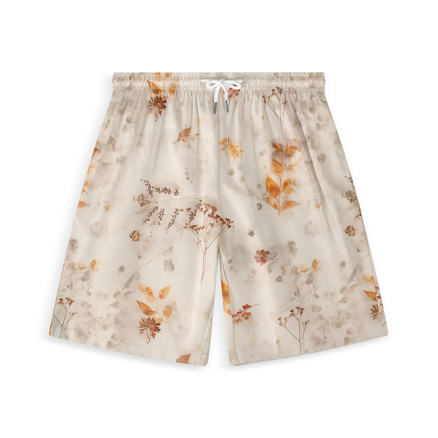 A pair of shorts featuring a soft, delicate design with subtle autumn leaves and botanical elements in warm, earthy tones on a light background, creating a gentle and serene look.