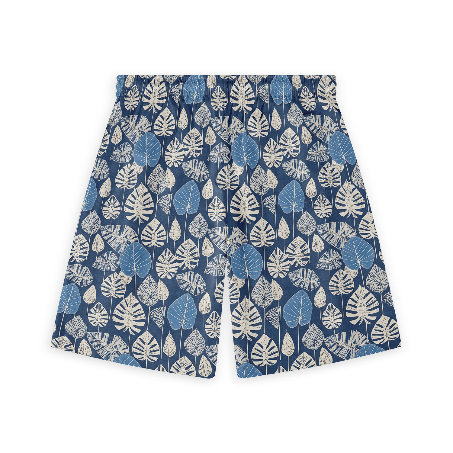 A pair of shorts featuring a design with white and light blue leaves on a deep blue background, creating a serene and nature-inspired look.