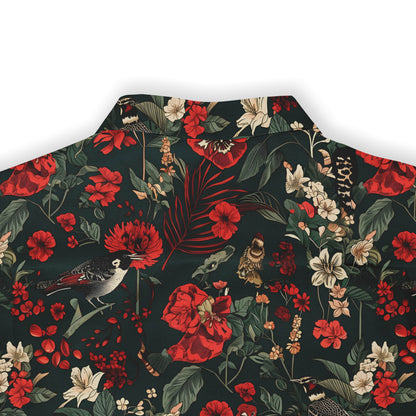 Floral and avian-themed shirt design in bold red, white, and dark hues, perfect for stylish wear.