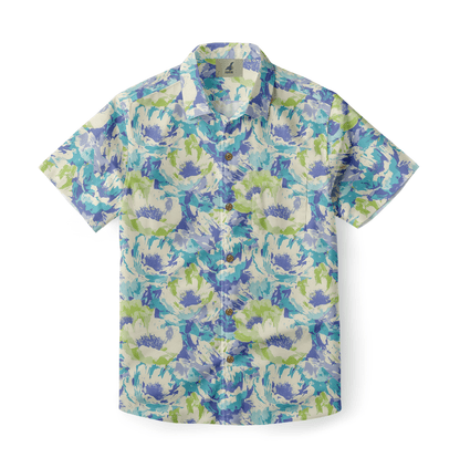 Abstract floral patterned shirt with ocean-inspired colors.