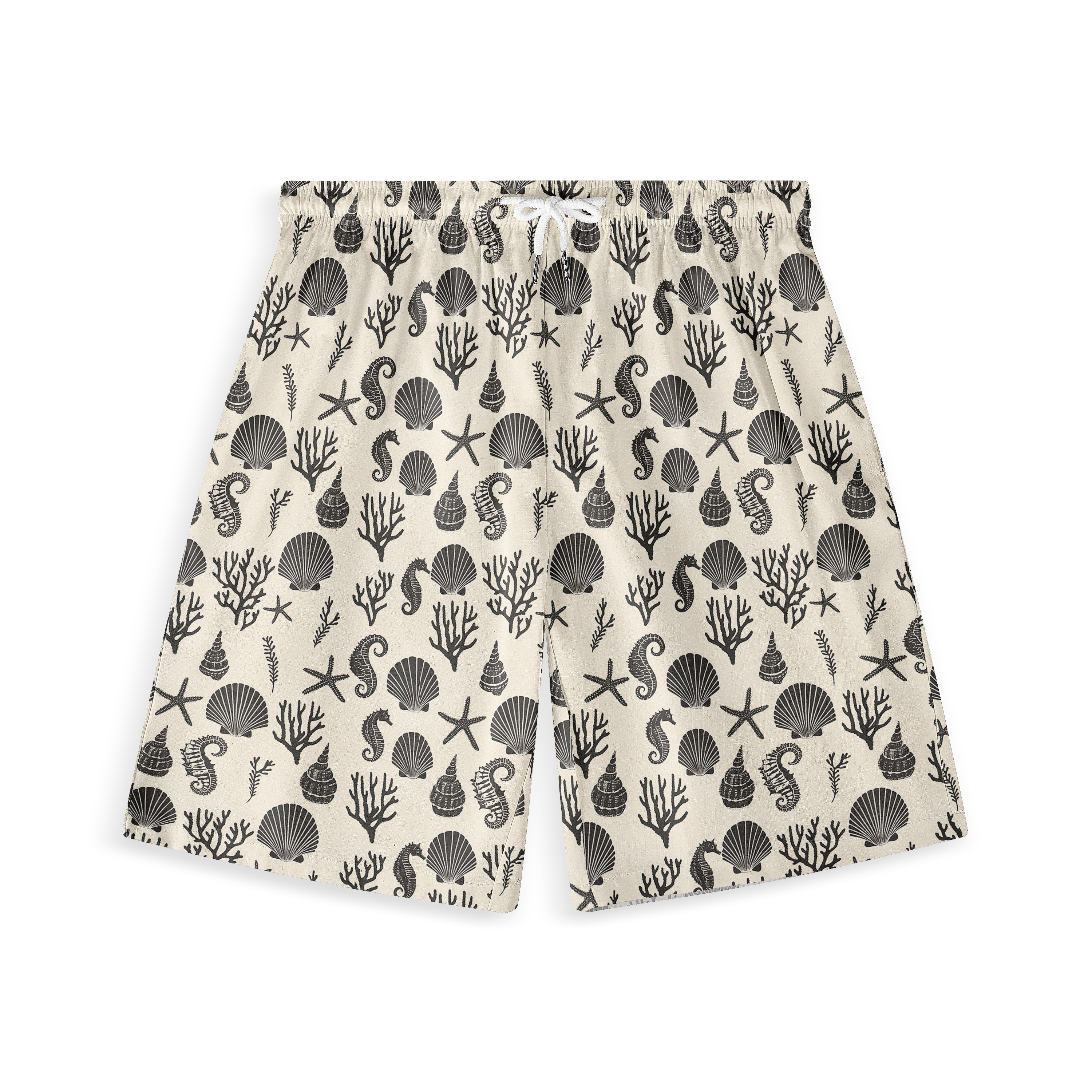 A pair of shorts featuring a design with black and white ocean-themed icons, including seashells, seahorses, starfish, and coral, on a light background, creating a minimalist yet striking coastal look.