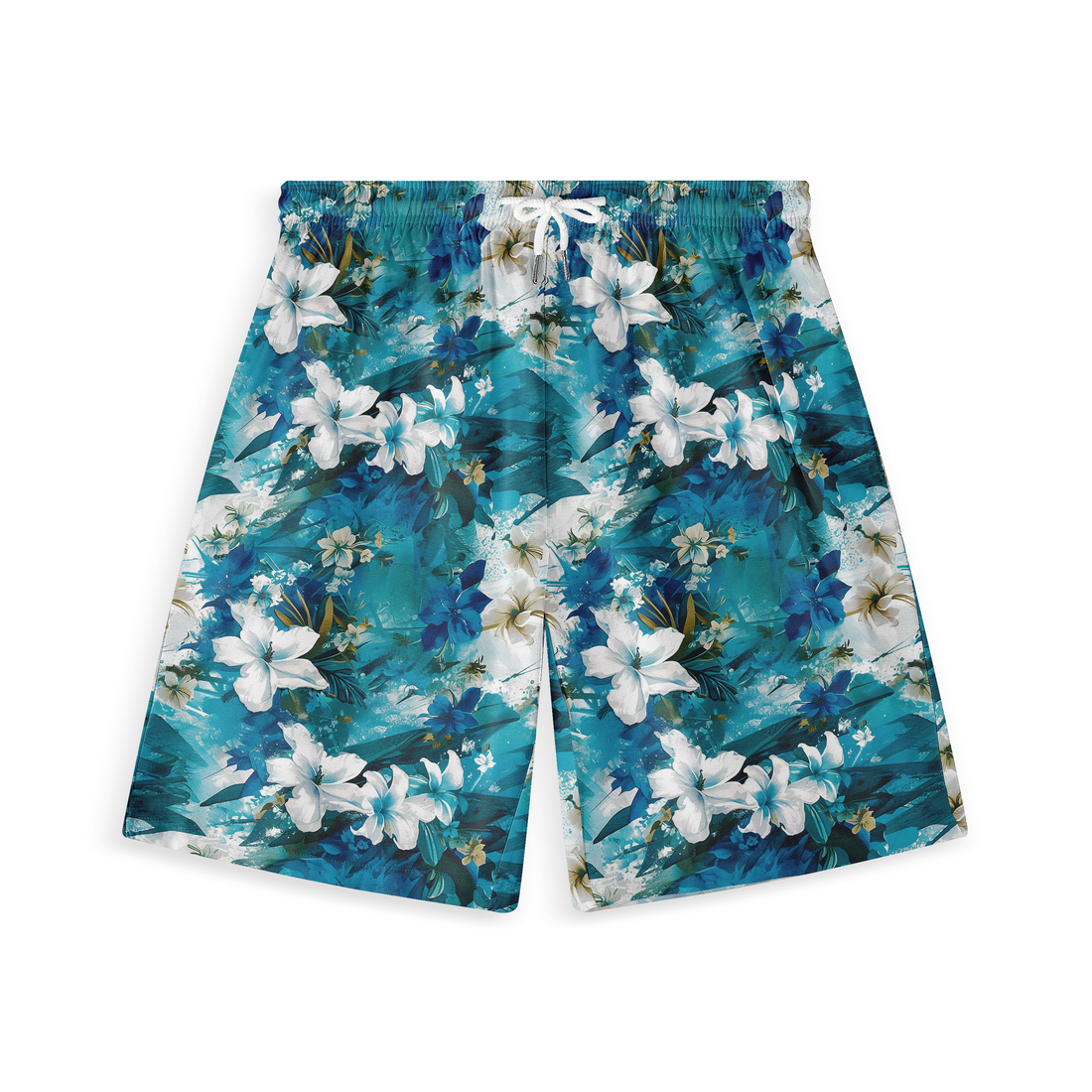 A pair of shorts featuring a design with vibrant white and blue flowers set against a teal background, creating a dynamic and refreshing ocean-inspired pattern.