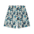 A pair of shorts featuring a design with intricate blue and teal floral patterns intertwined with swirling leaves on a light beige background, creating a sophisticated and dynamic look.