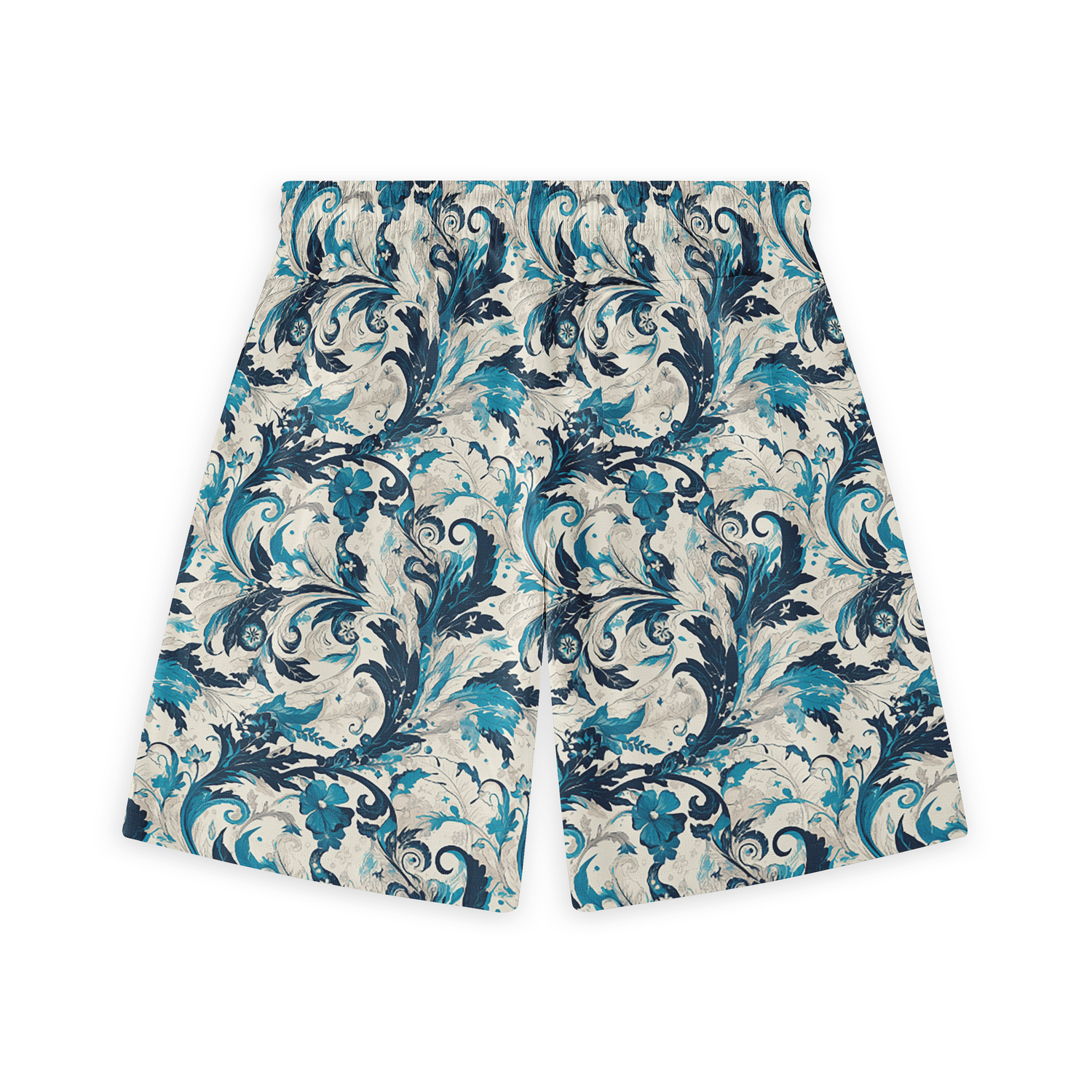 A pair of shorts featuring a design with intricate blue and teal floral patterns intertwined with swirling leaves on a light beige background, creating a sophisticated and dynamic look.