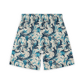 A pair of shorts featuring a design with intricate blue and teal floral patterns intertwined with swirling leaves on a light beige background, creating a sophisticated and dynamic look.