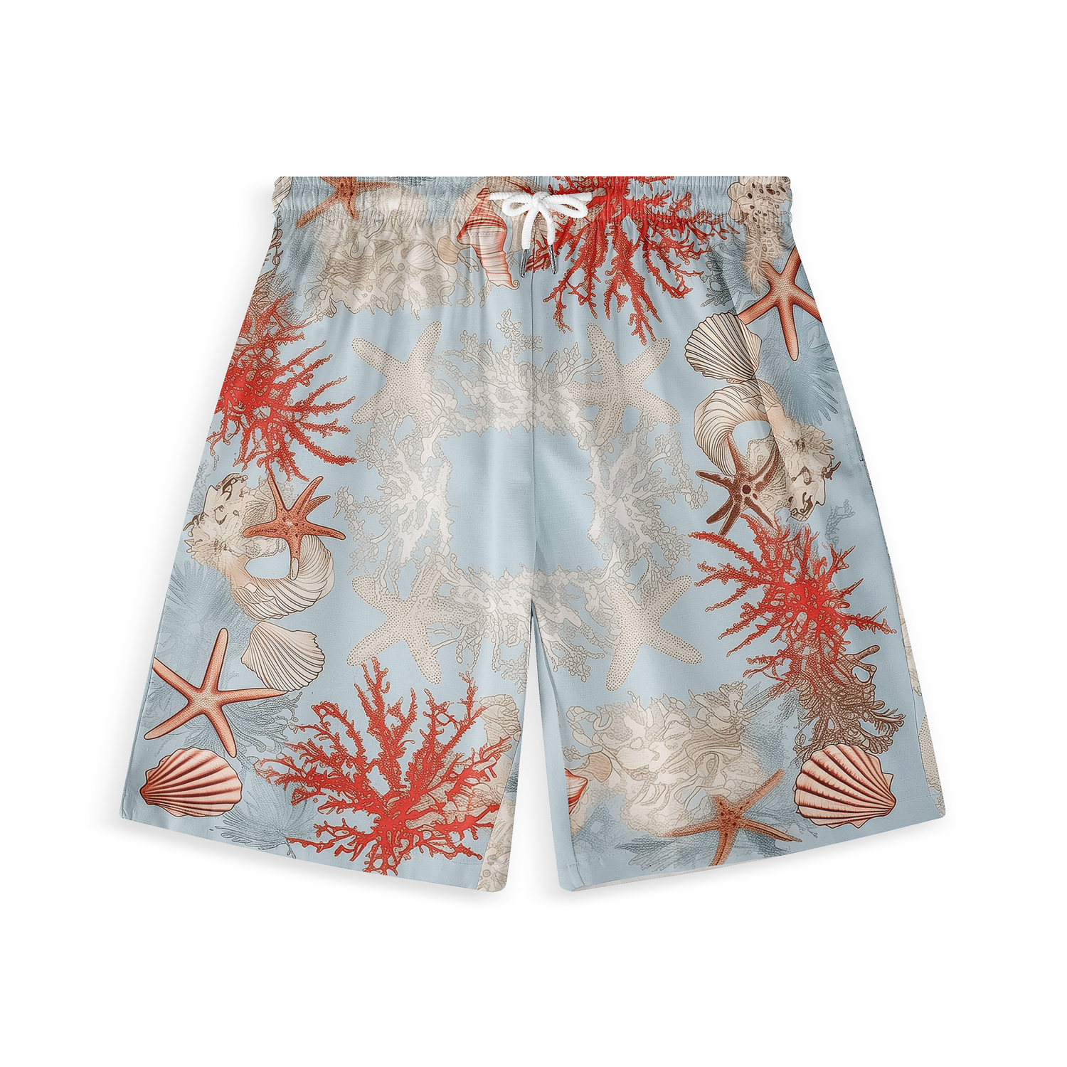 A pair of shorts featuring a design with red and beige coral, starfish, seashells, and marine elements on a light blue background, creating a vibrant and ocean-inspired look.