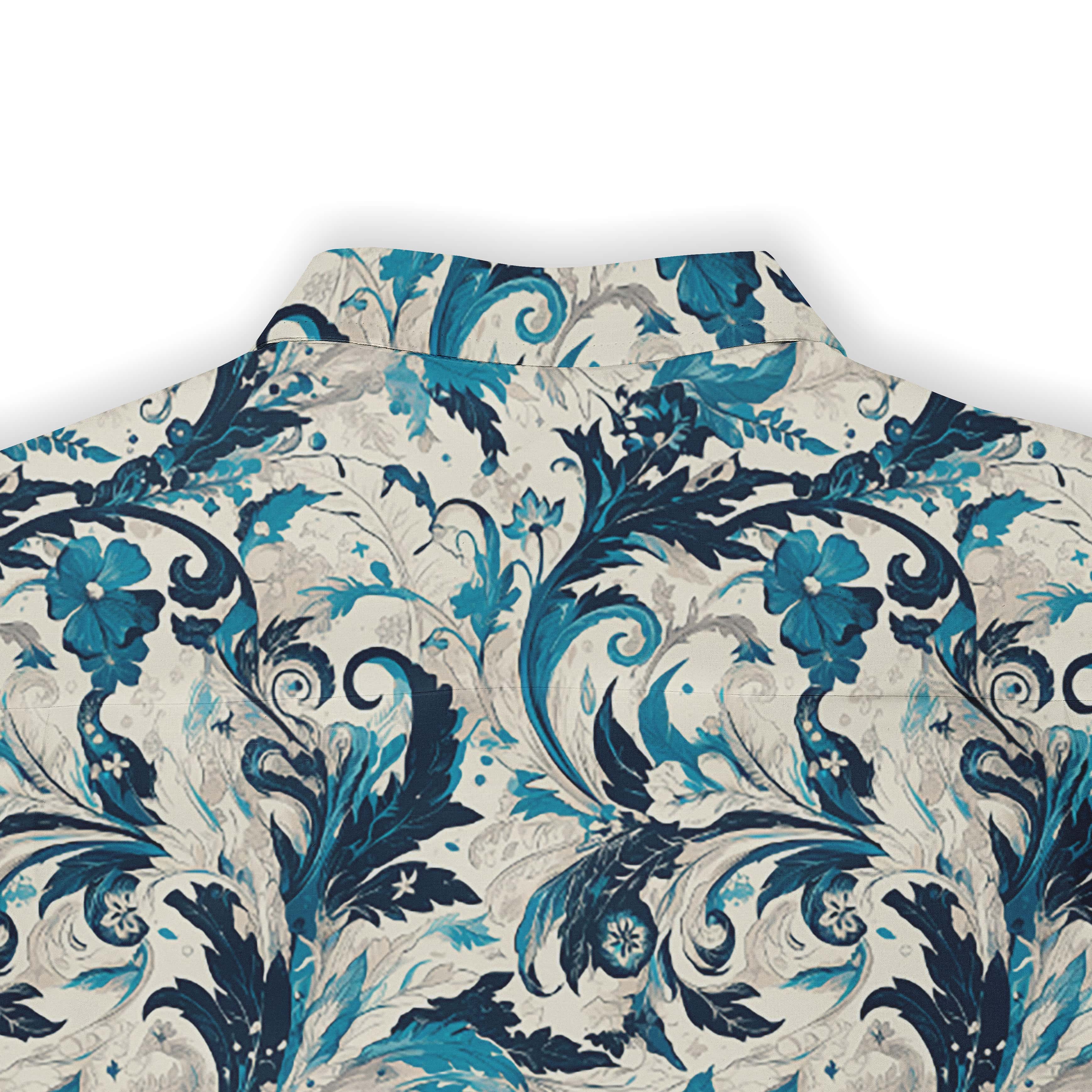 Tranquil blue and white shirt with ocean and floral design