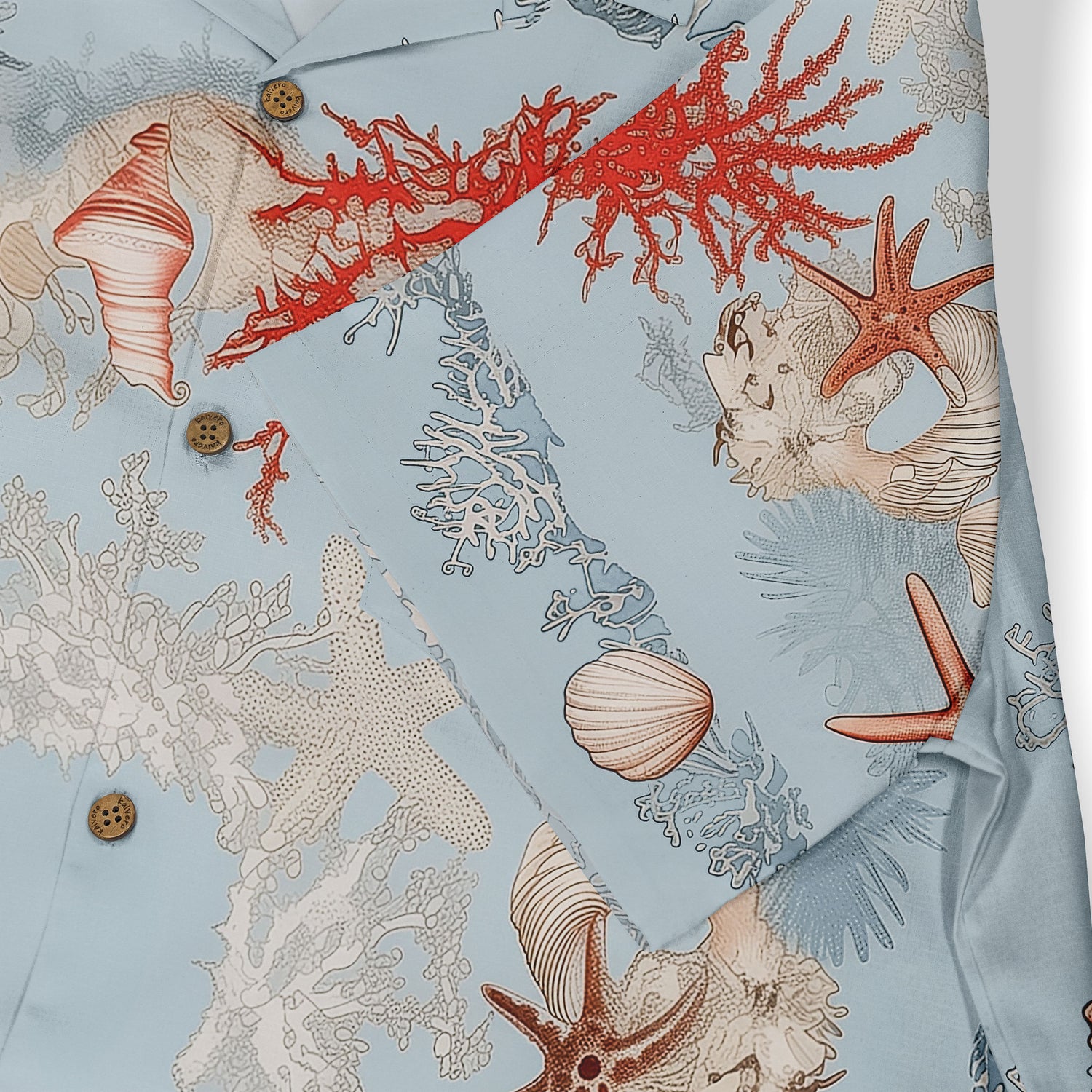 Elegantly designed shirt showcasing marine flora and fauna.