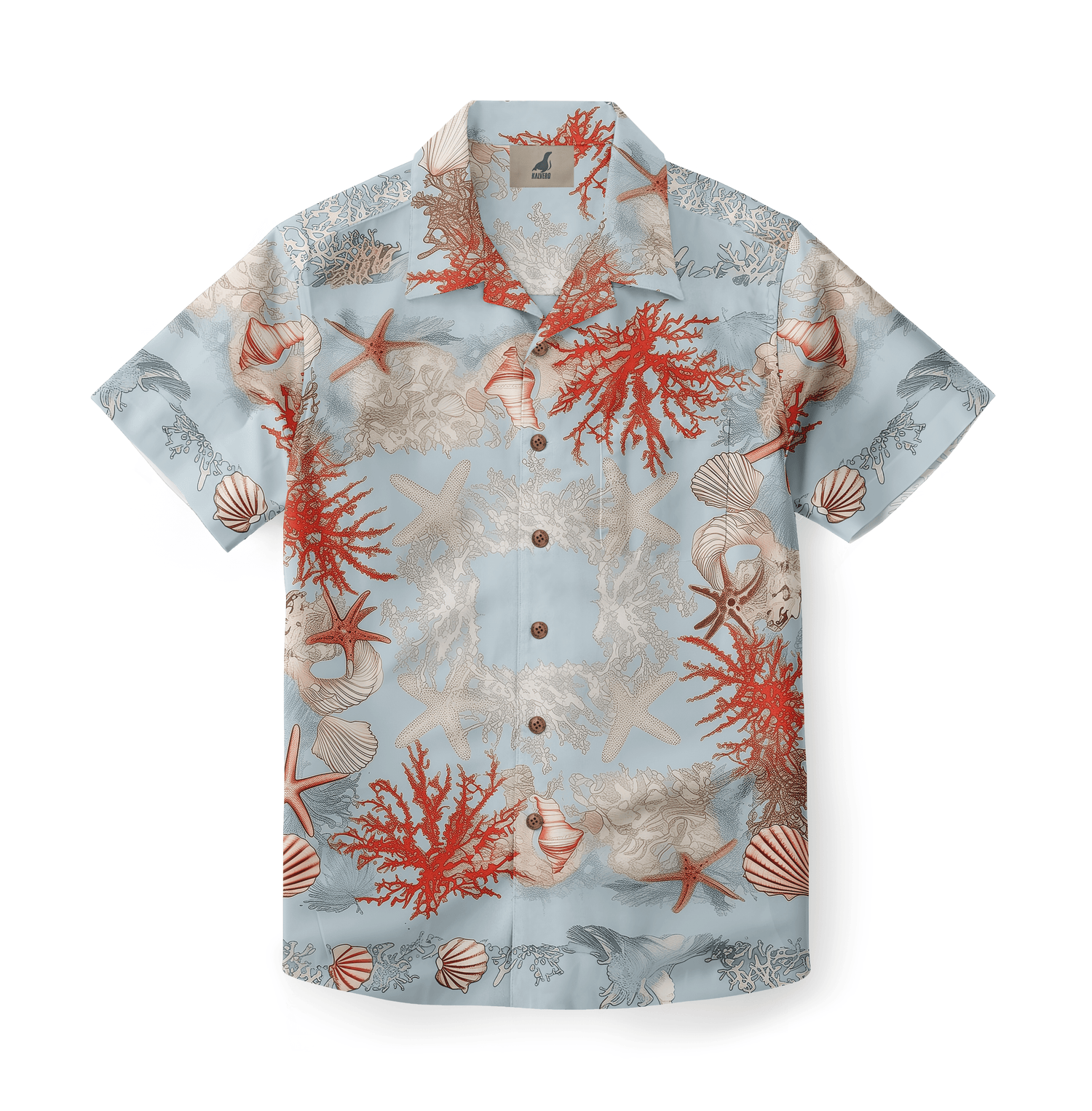 Shirt featuring intricate coral reef design with starfish and shells.