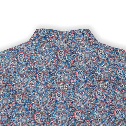 A classic paisley shirt with intricate floral details in blue, red, and green, dyed with natural indigo and madder root back view