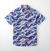 Shirt with dynamic red, white, and blue waves and bold stars.