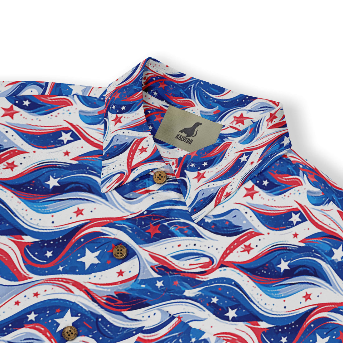 Patriotic shirt design featuring flowing waves and stars.