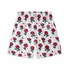 A pair of shorts featuring a design with pixelated red roses scattered across a white background, creating a playful and nostalgic digital art-inspired pattern.