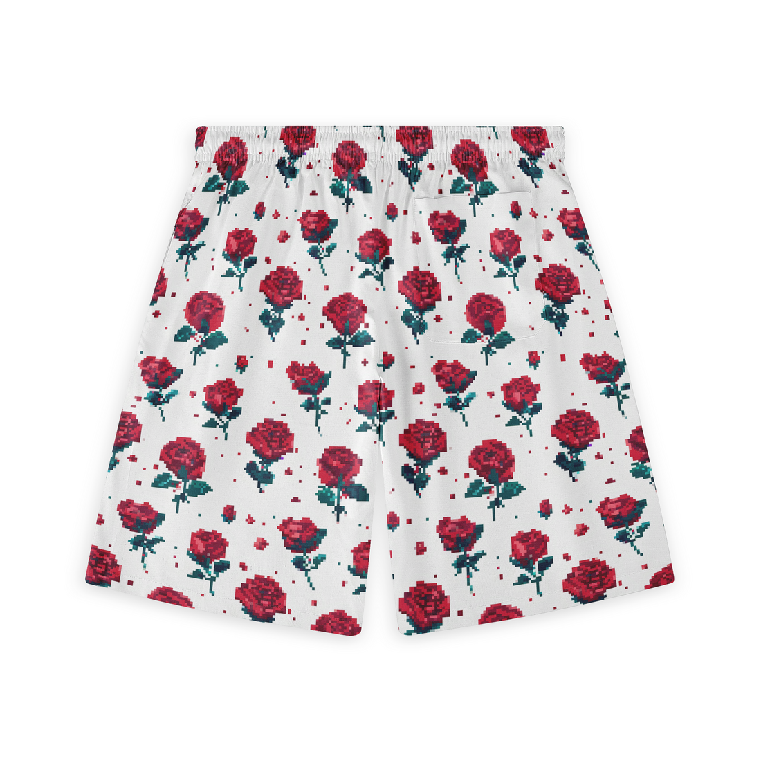 A pair of shorts featuring a design with pixelated red roses scattered across a white background, creating a playful and nostalgic digital art-inspired pattern.