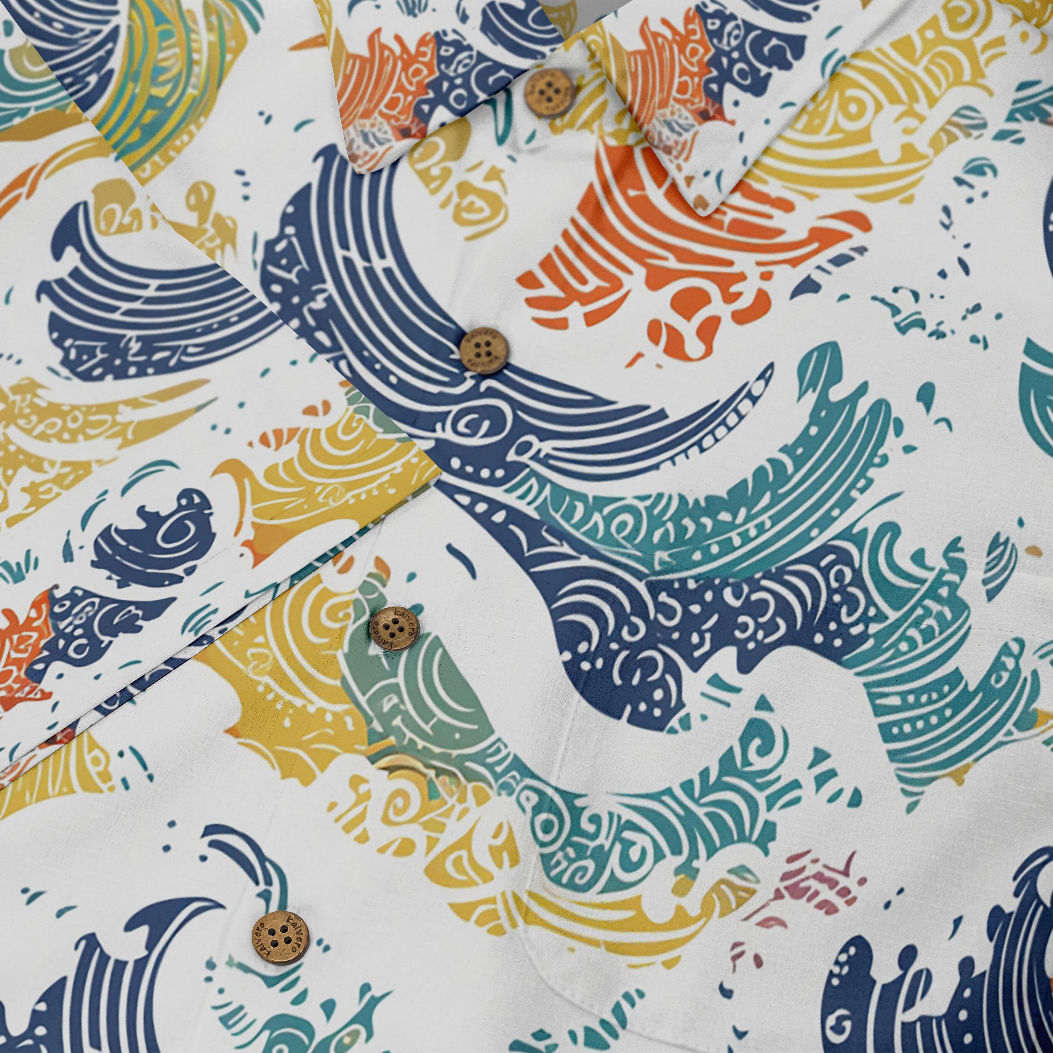 The &quot;Oceanic Elegance&quot; shirt features a mesmerizing pattern of colorful waves.