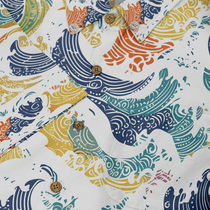 The &quot;Oceanic Elegance&quot; shirt features a mesmerizing pattern of colorful waves.