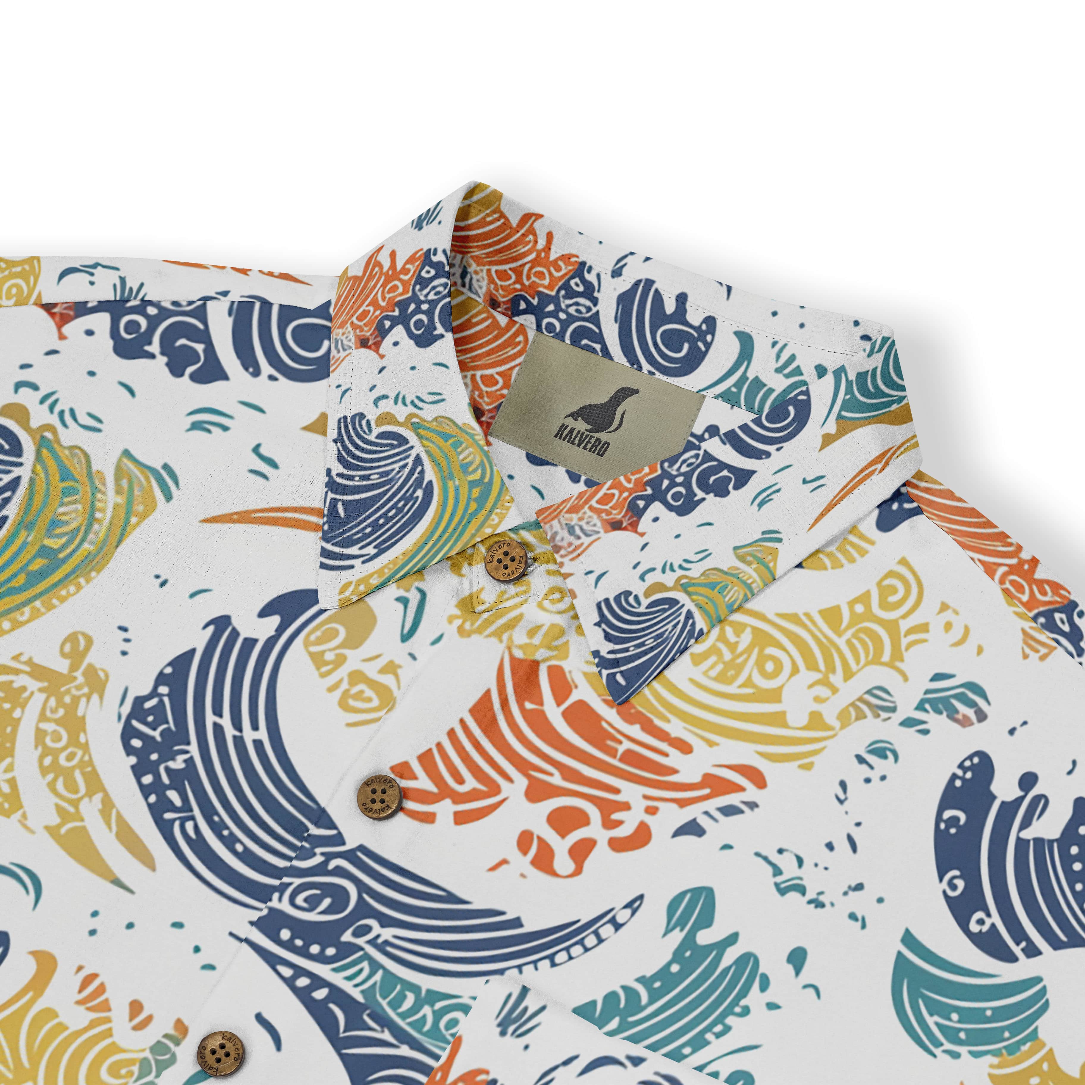 Vibrant waves in various colors adorn this stylish shirt, inspired by the sea&