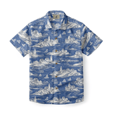 Blue and white shirt with coastal town design, featuring lighthouses and sailing boats