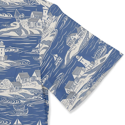 Ocean-inspired shirt with detailed coastal town and swirling wave motifs.