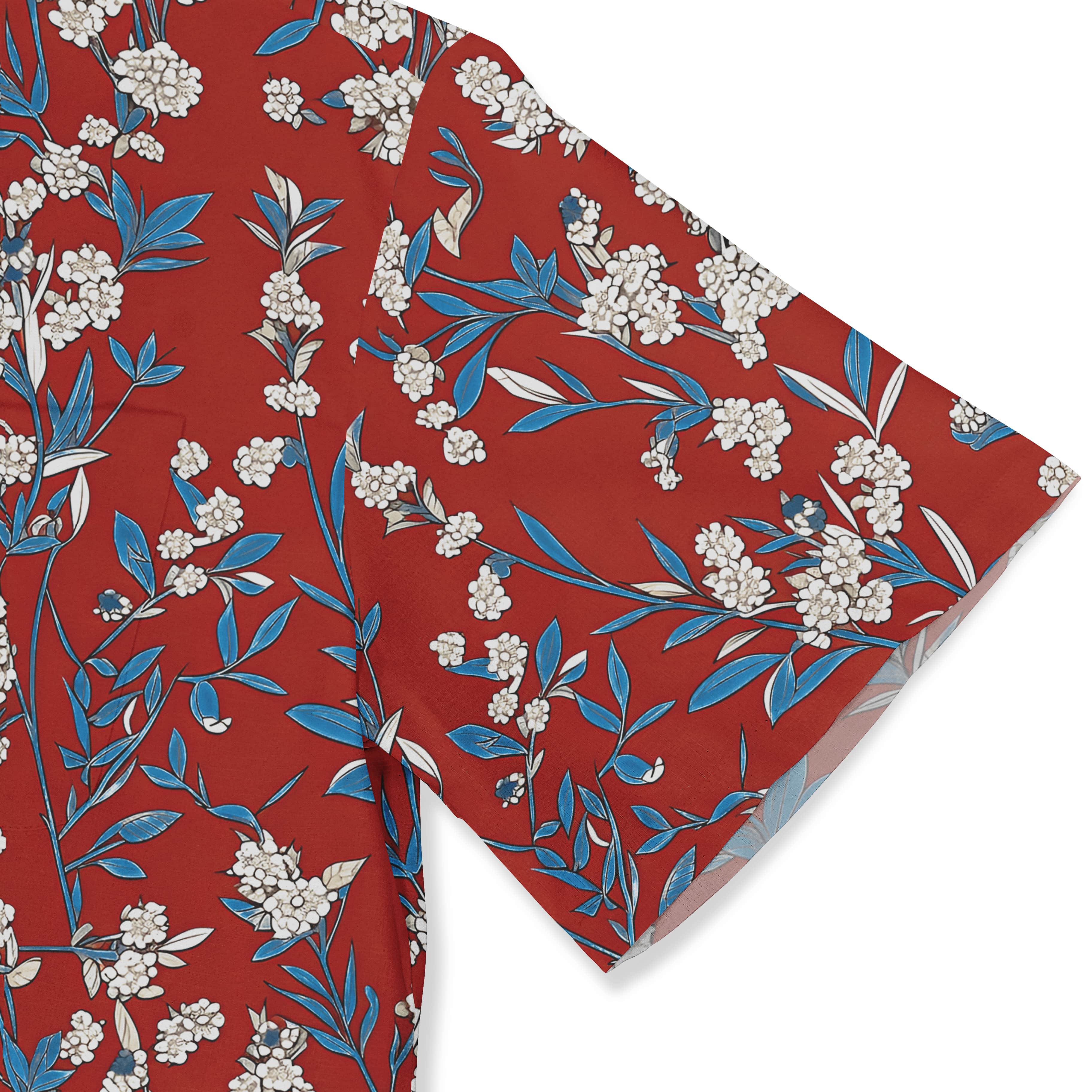 Elegant red shirt featuring white flowers and blue leaves.