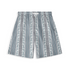 A pair of shorts featuring a vertical stripe design with intricate scrolling patterns and geometric accents in shades of blue and gray, creating an elegant and serene visual effect.