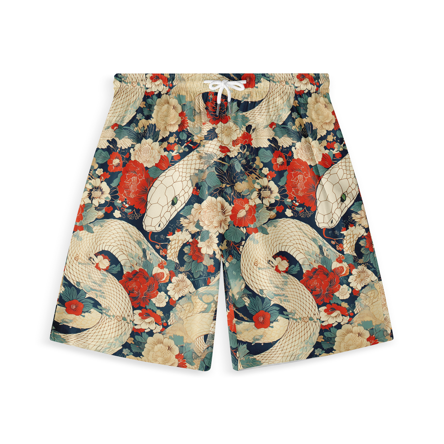 A pair of shorts featuring a bold design with intertwining serpents among vibrant red, cream, and blue flowers, creating a striking and dramatic pattern against a dark background.