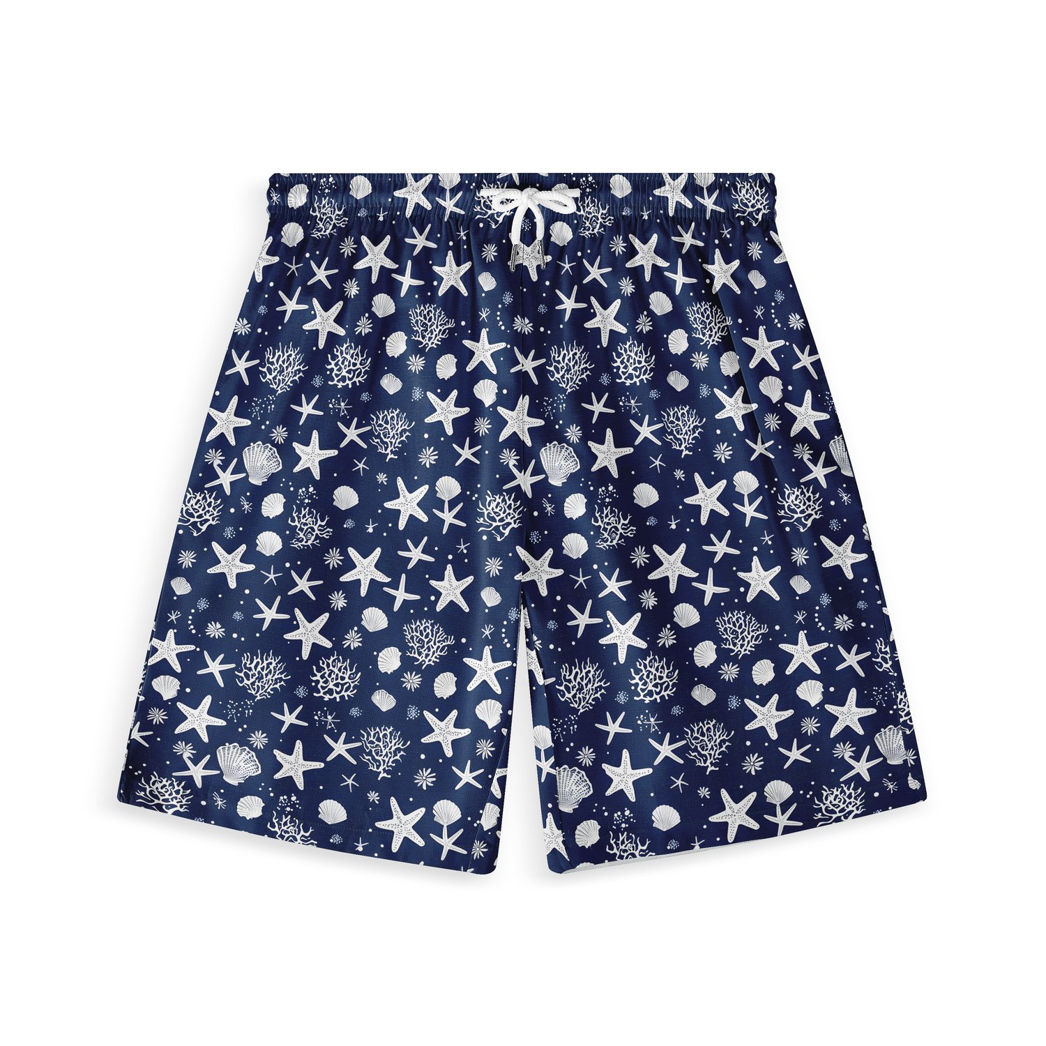 A pair of shorts featuring a design with white starfish, seashells, and coral patterns scattered across a deep navy blue background, creating a striking and nautical-inspired look.