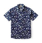 Navy shirt with white starfish and coral pattern, evoking the serenity of the ocean.