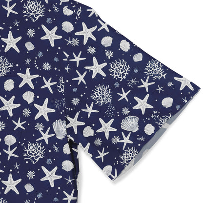 Detailed view of starfish and seashells on a navy background Hawaiian shirt.