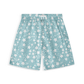 A pair of shorts featuring a design with white star shapes, bubbles, and small sea creatures scattered across a light blue background, creating a dreamy and whimsical look.