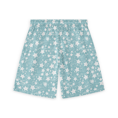 A pair of shorts featuring a design with white star shapes, bubbles, and small sea creatures scattered across a light blue background, creating a dreamy and whimsical look.