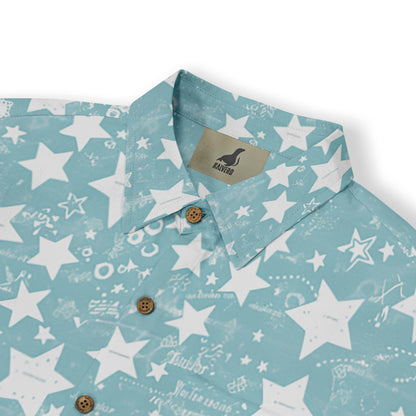 Close-up of a shirt featuring a scattered white star design on a blue background.