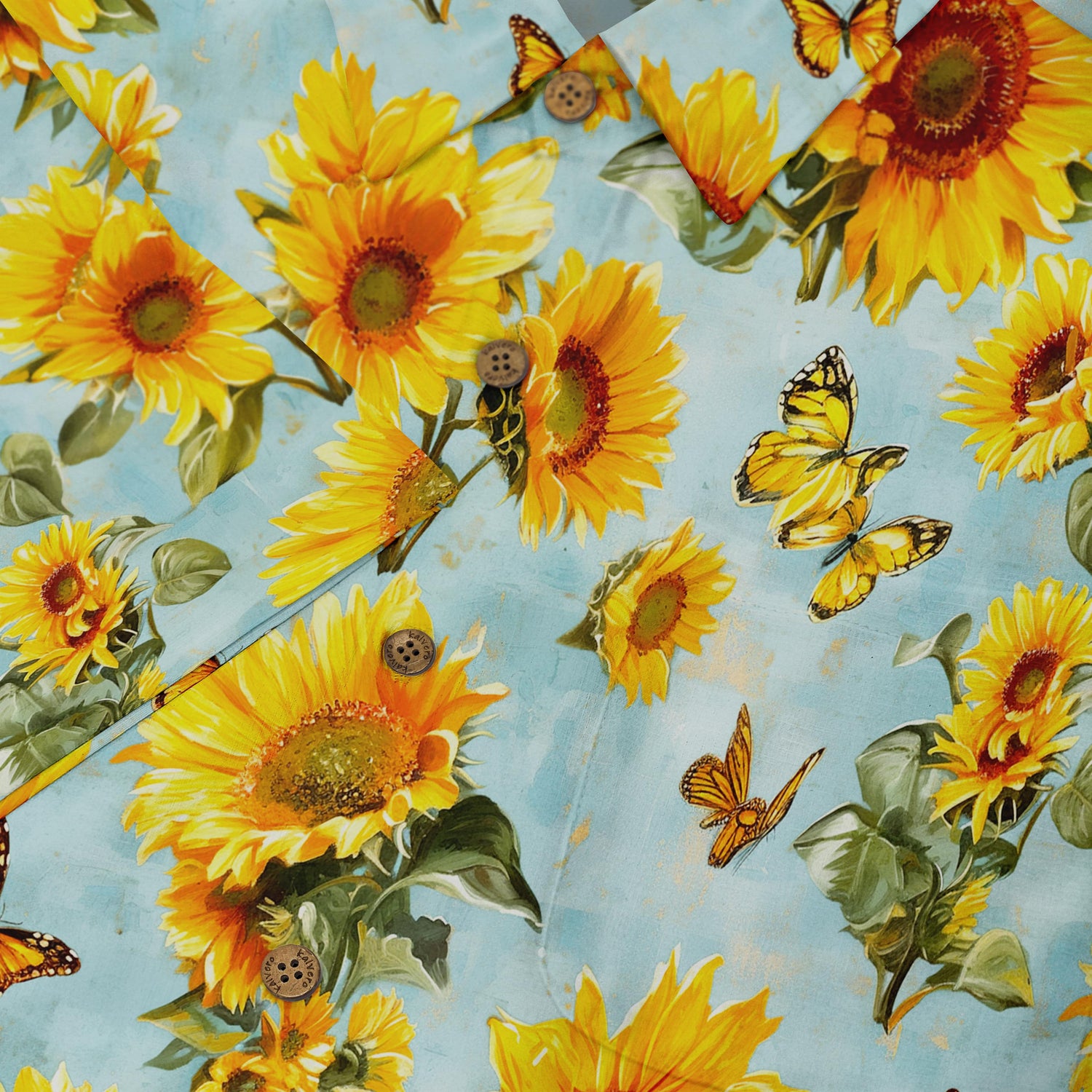 Floral shirt featuring sunflowers and butterflies for a cheerful look.