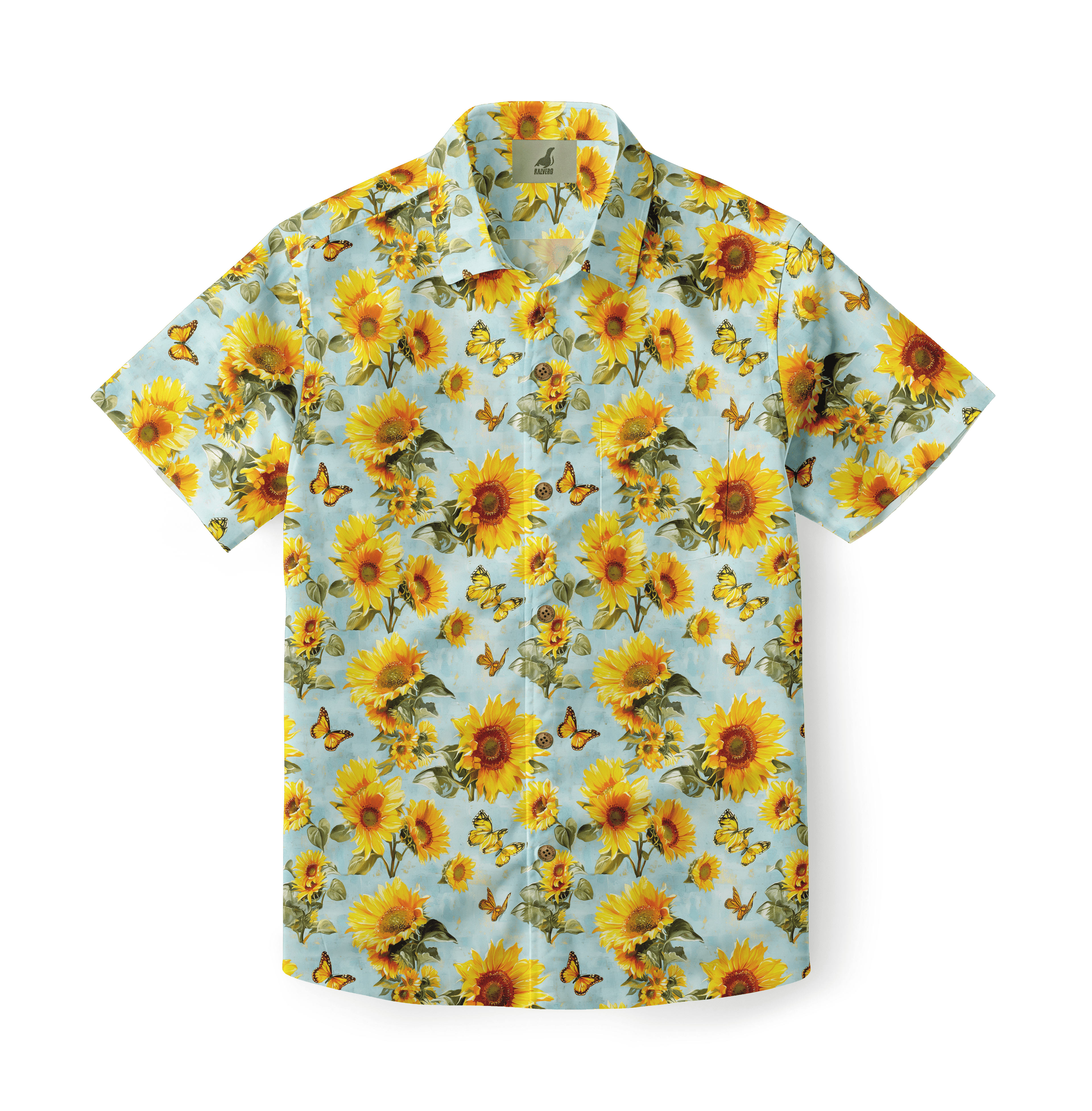 Sunflower shirt with butterflies on a clear blue background.