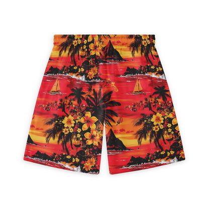 A pair of shorts featuring a vibrant sunset-themed design with a deep red, orange, and yellow gradient sky. The pattern includes black silhouettes of palm trees, tropical flowers, and sailboats on the ocean, evoking a warm and tropical paradise atmosphere.