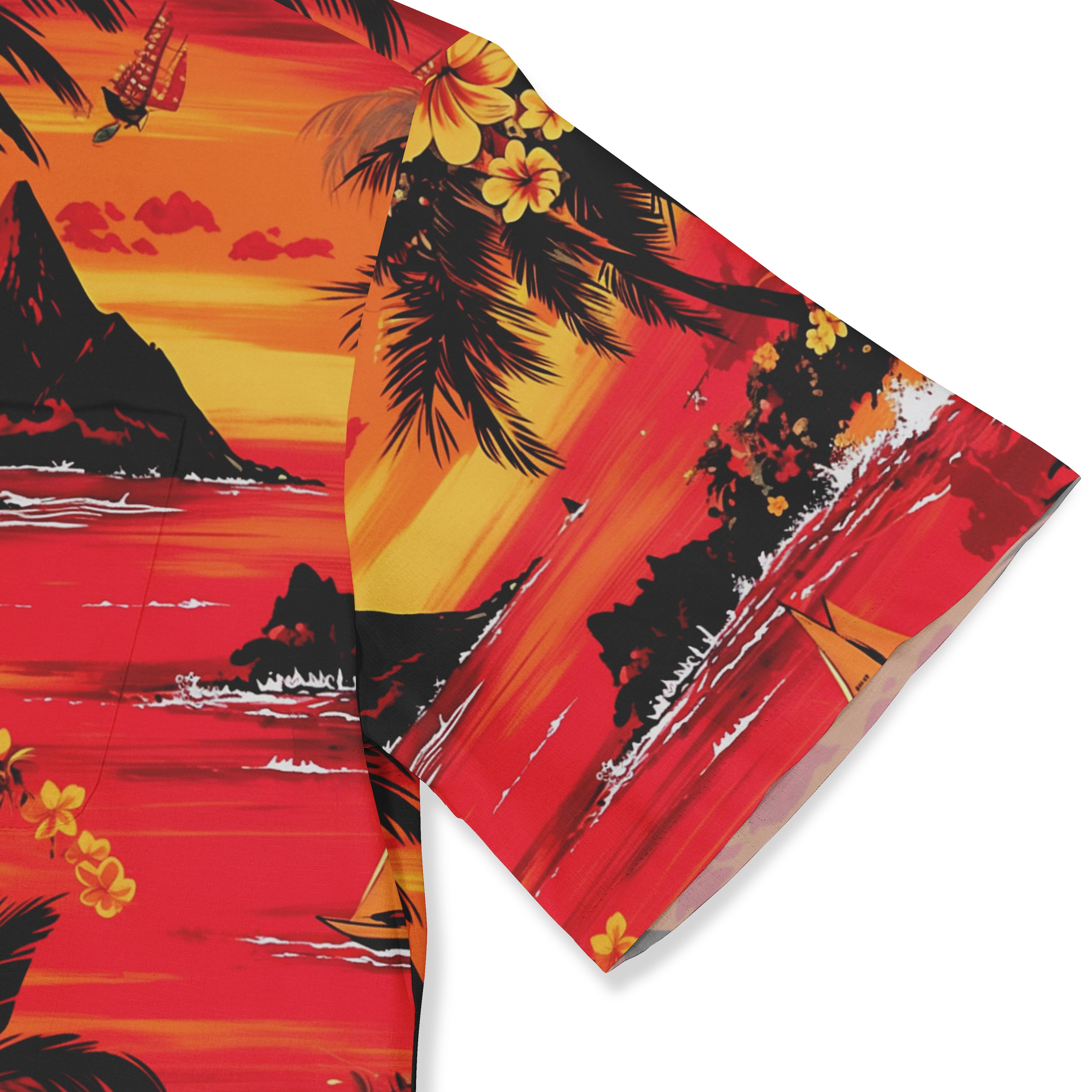 Tropical-themed shirt with palm trees and sailboats in sunset colors.