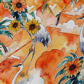 Vivid sunset-themed shirt with cranes, sunflowers, and palm leaves.