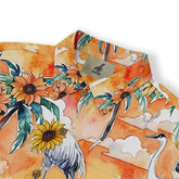 Elegant crane print shirt with tropical sunflowers and palm leaves.