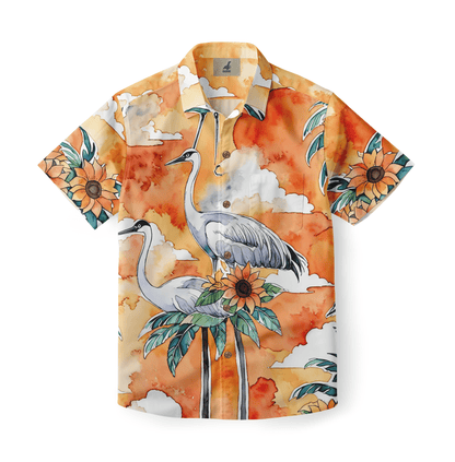 Shirt with cranes and sunflowers in a vibrant sunset design.