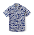 Blue and white shirt featuring intricate tribal animal and nature patterns.