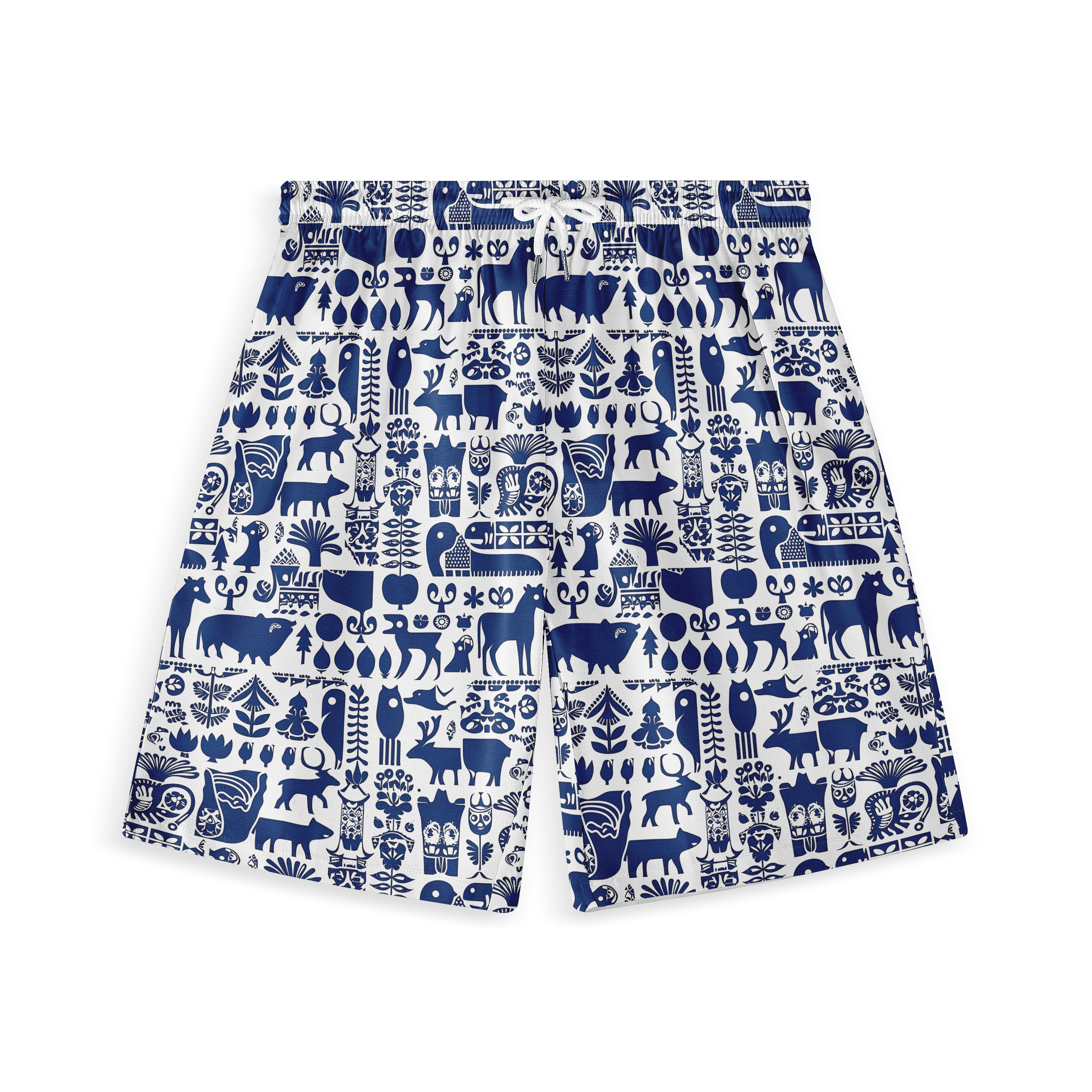 Tribal Harmony short with detailed blue animal and plant motifs on a white background.